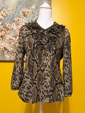 Ruffled Snake-Print Blouse in Brown and Black